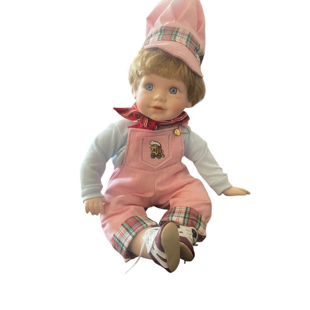 Unbranded Kids Pink White Overalls Hat Porcelain Doll